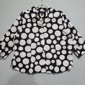 Westbound Woman Shirt 22W Black White Circles Dots Cotton Button Up 3/4 Sleeve